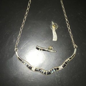Zuni handmade necklace onyx opal inlay sterling